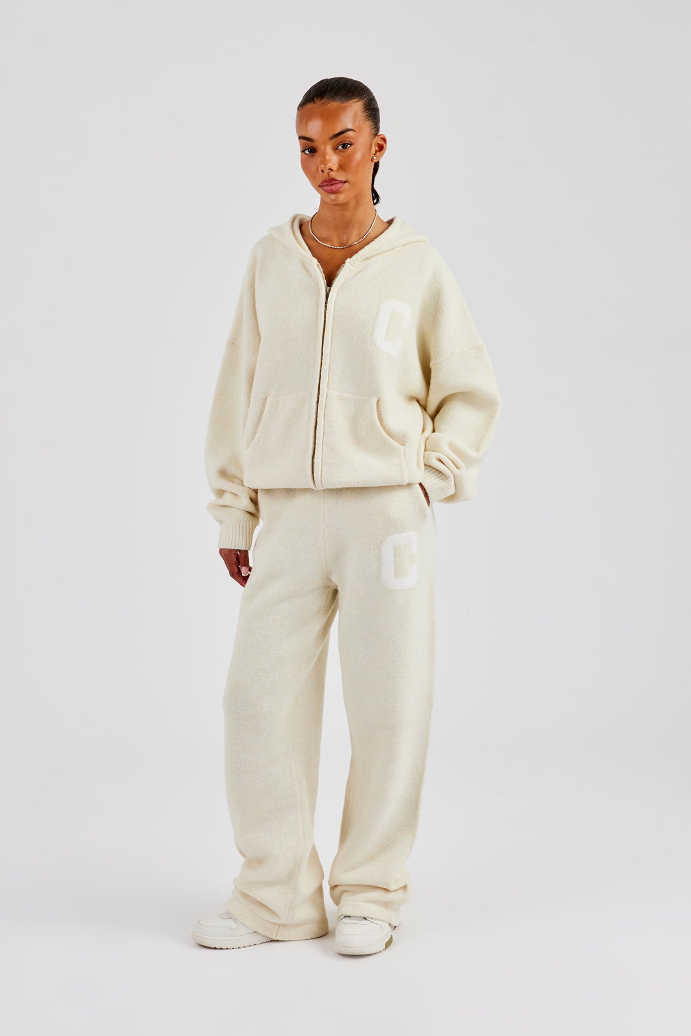 Hooded Zip Through Knitted Tracksuit Butter Yellow